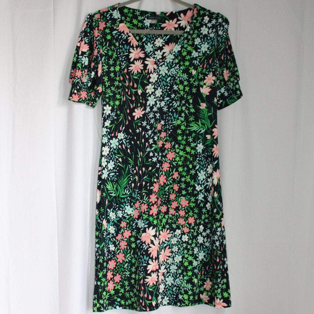 Tommy Hilfiger Bright Floral Mini Shift Dress Short Puff Sleeves V-Neck Size 6